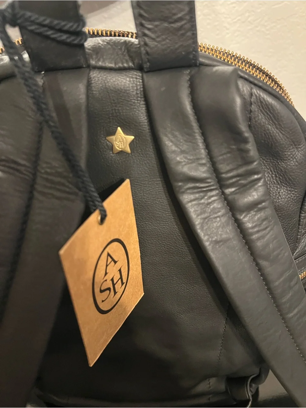 Ash Black Leather Backpack with Gold and Silver Chain Accents